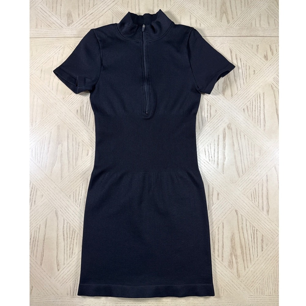 OQQ Black Ribbed Short Sleeve Zip Up Mock Neck Bodycon Mini Dress Compression S - Picture 11 of 12